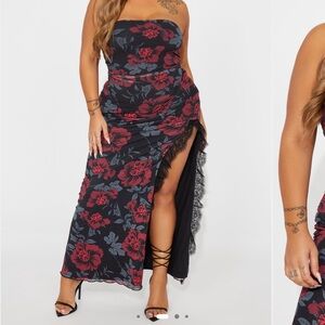 Fashion Nova Floral Strapless Maxi Dress - Black and Red